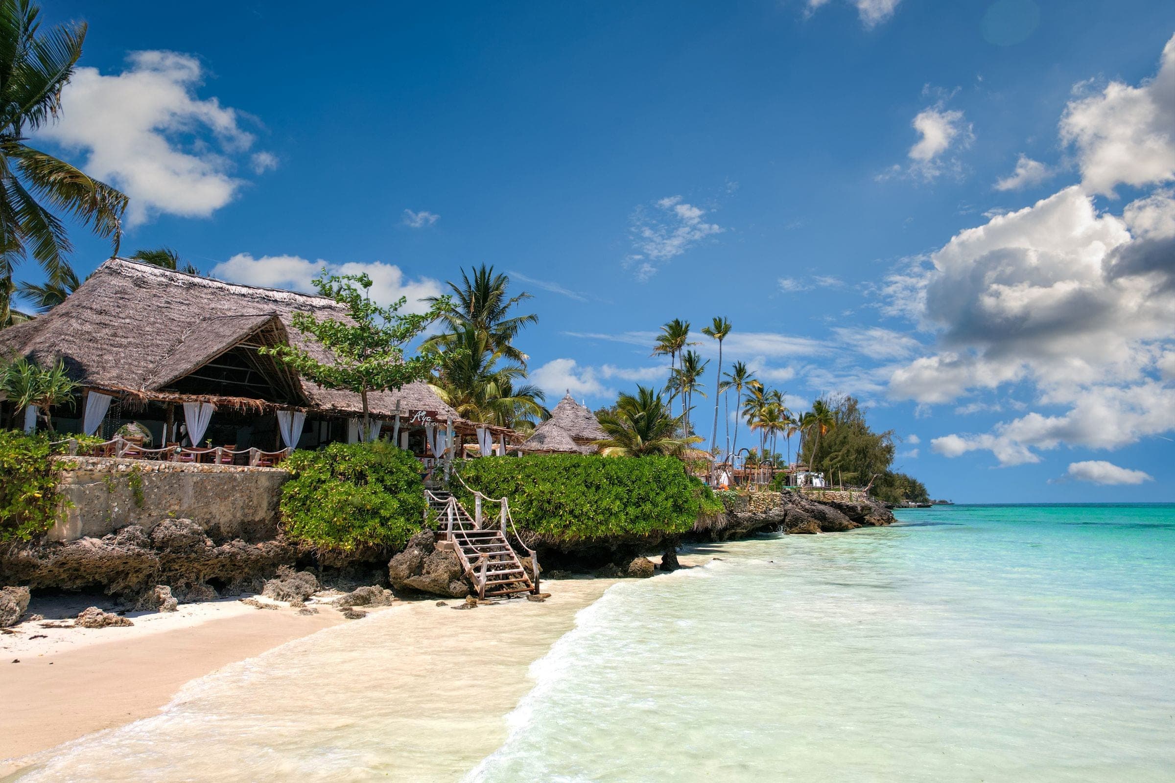 Palm trees and a thatched villa above a turquoise beach in Zanzibar