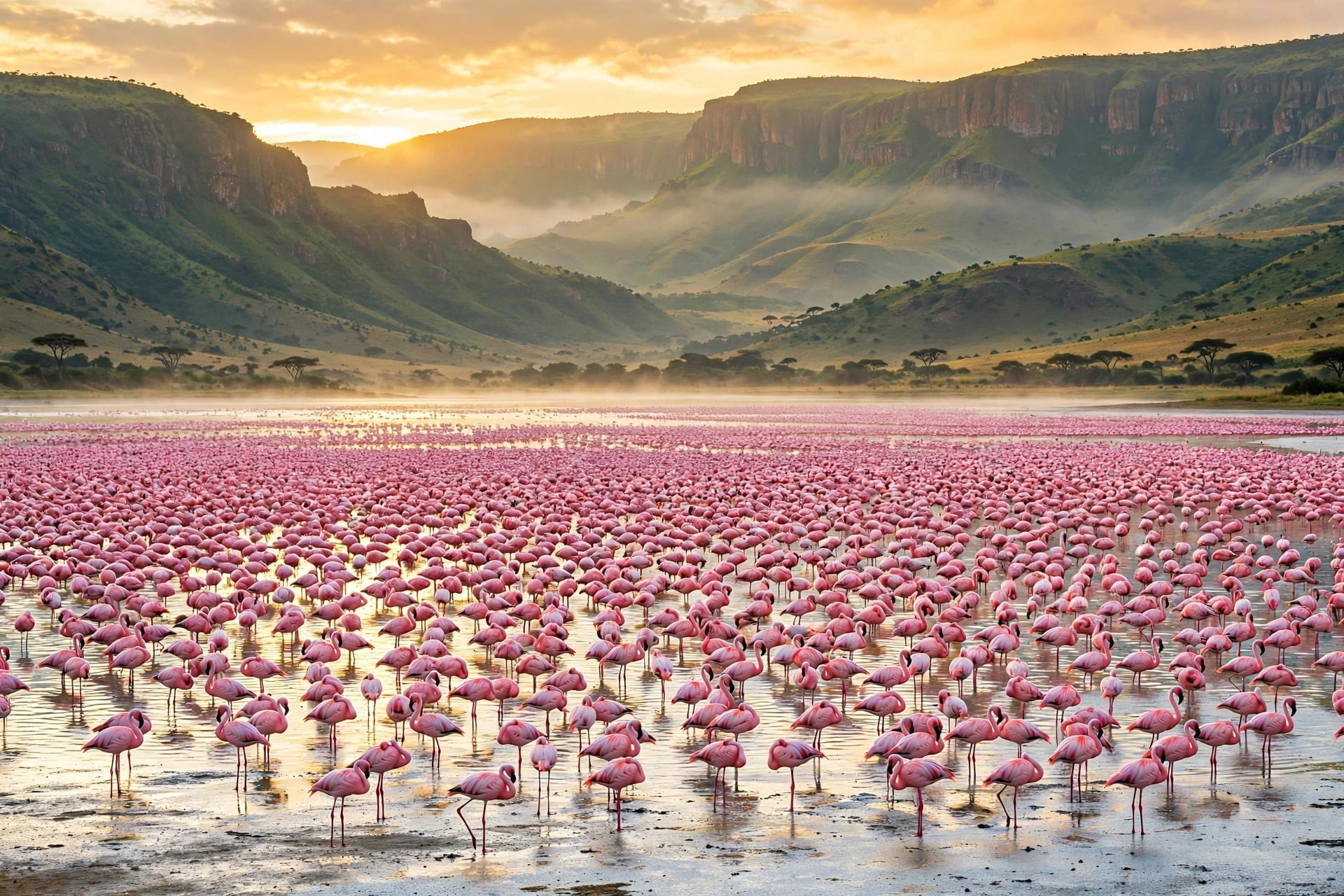 Thousands of pink flamingos in Lake Nakuru at sunrise, Rift Valley Kenya