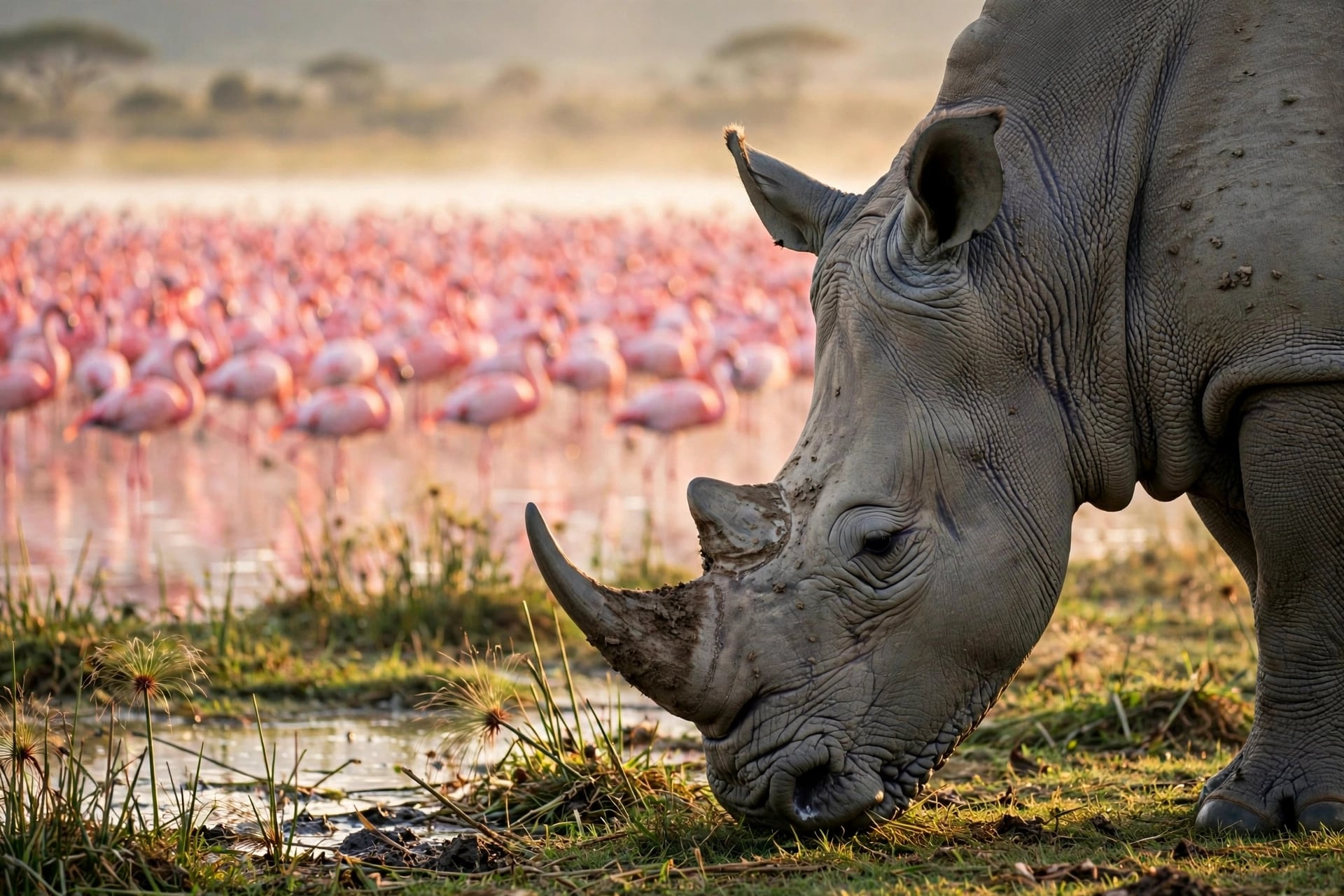 White rhino grazing at Lake Nakuru with thousands of pink flamingos in background