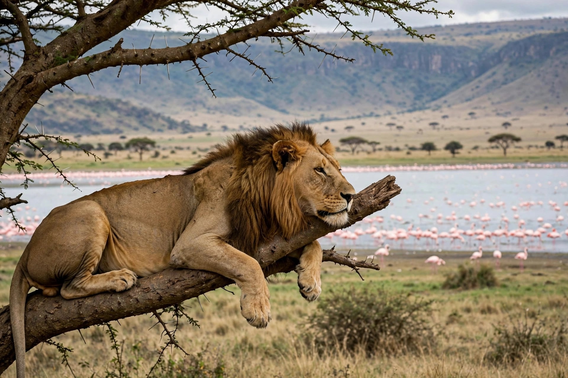 Tree-climbing lion resting on acacia branch overlooking Lake Nakuru flamingos