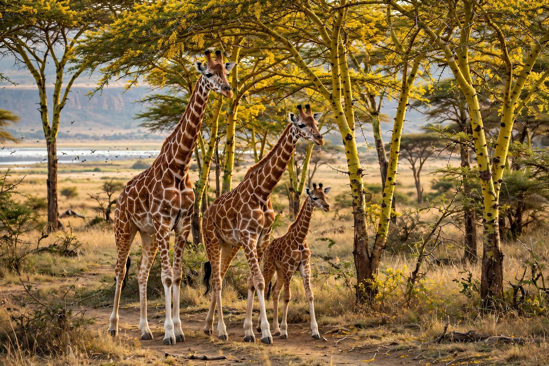 Three Rothschild giraffes in yellow fever tree forest at Lake Nakuru Kenya