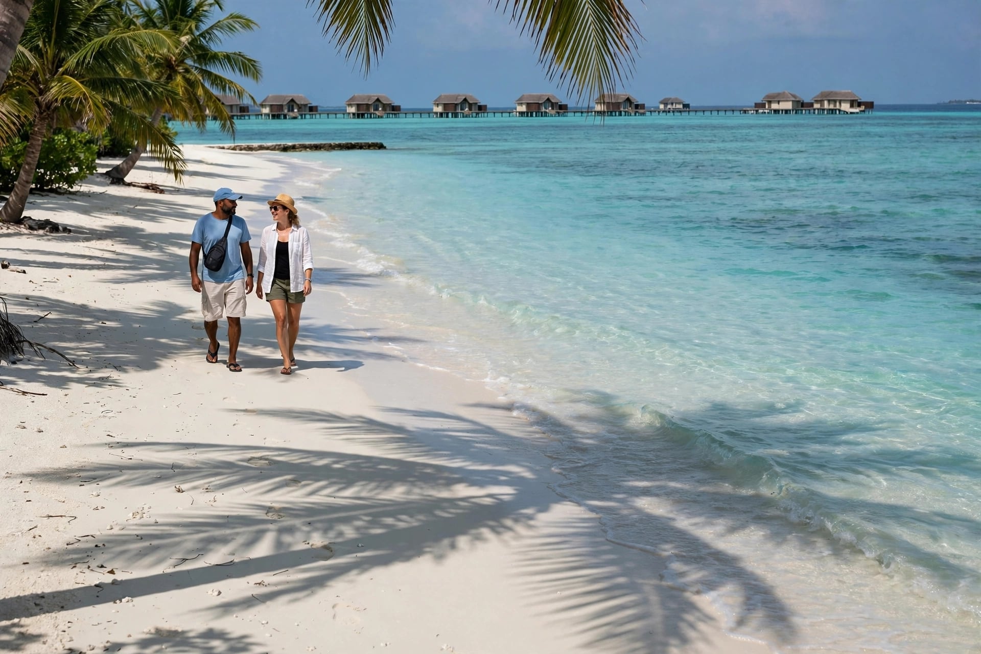 Couple strolling on white sand beach with turquoise lagoon and overwater villas in background, palm shadows on sand, tropical honeymoon beach walk.