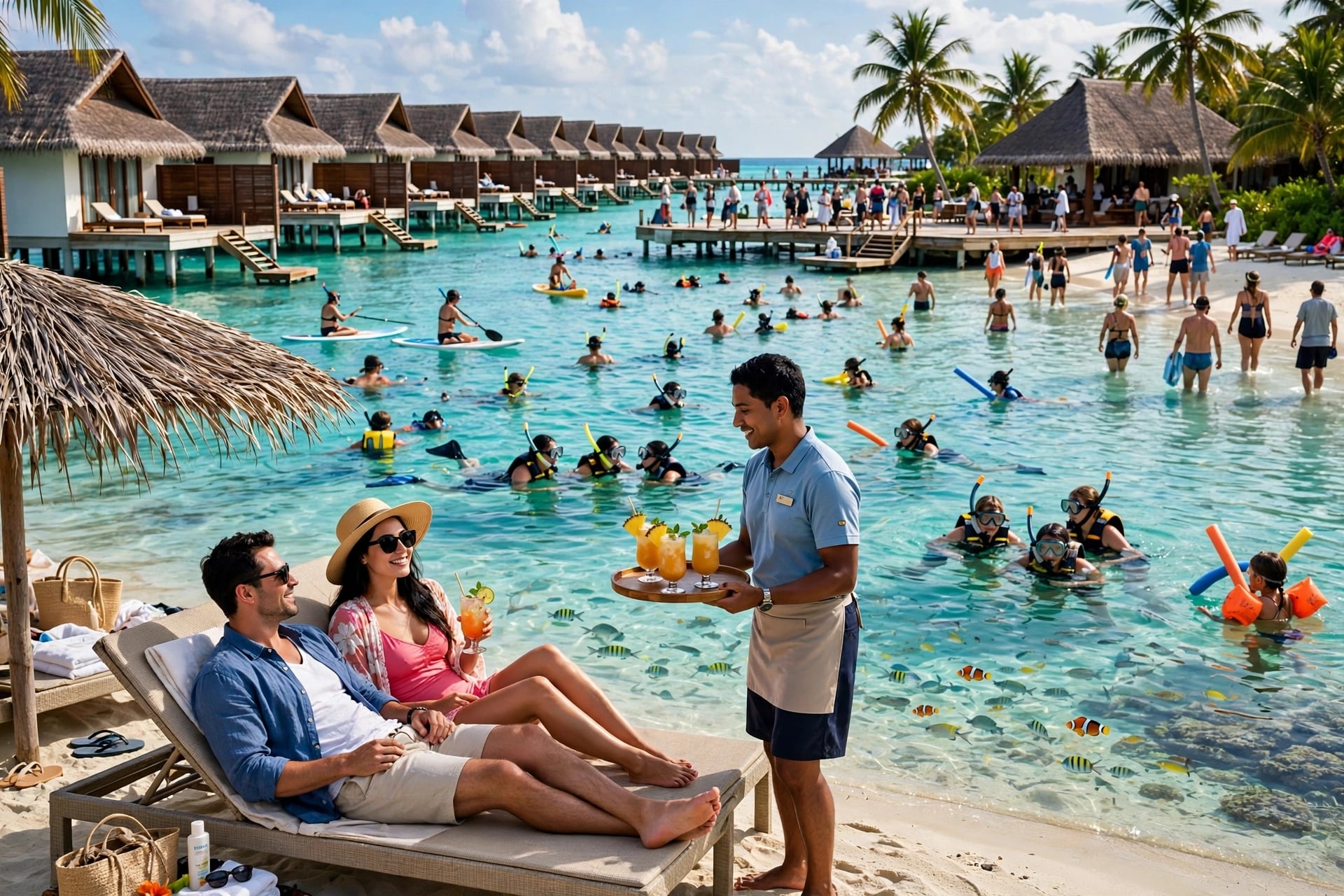 Couple on beach lounger being served drinks, many people snorkeling and paddleboarding in turquoise lagoon, overwater villas behind.