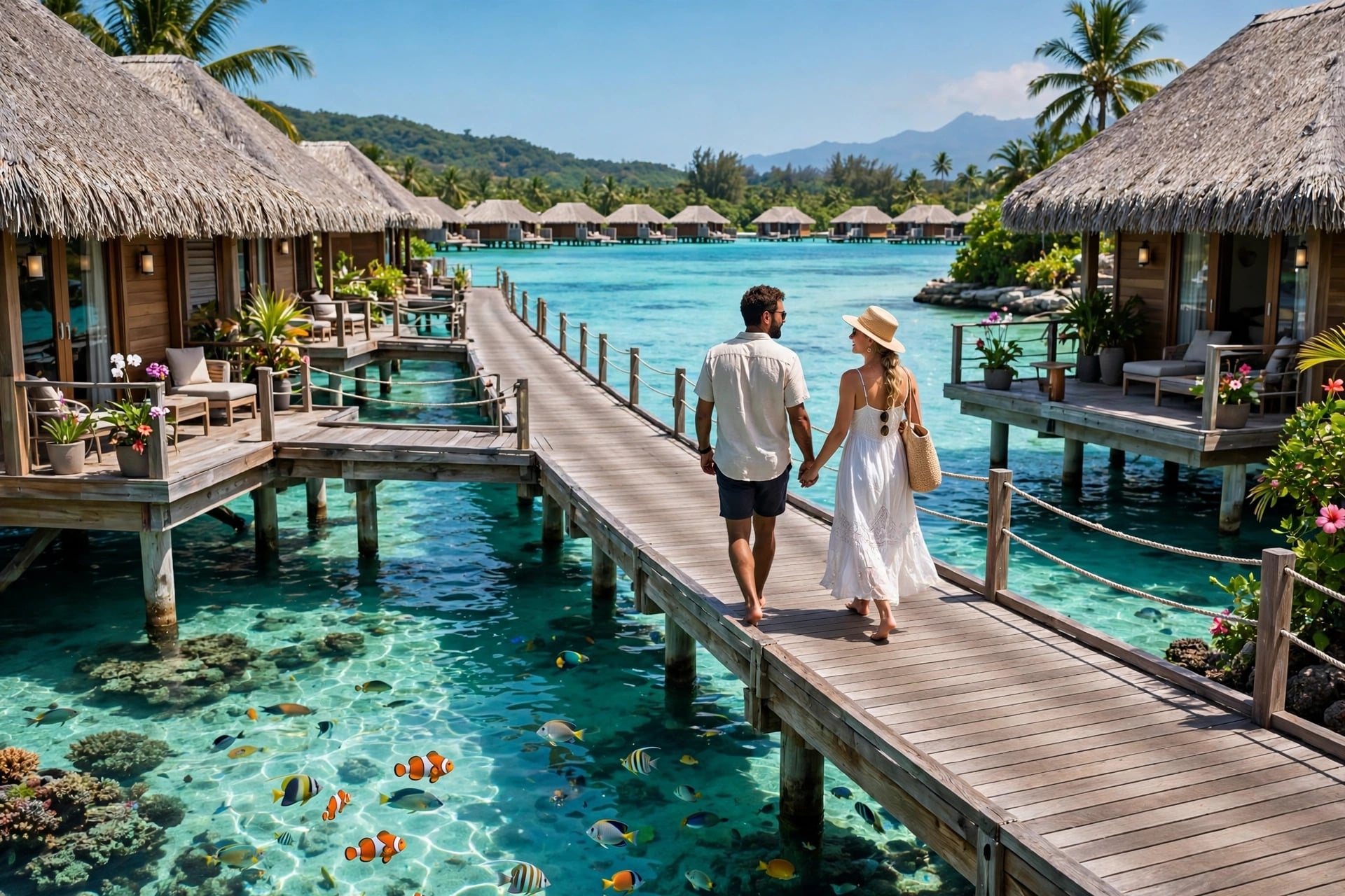 Couple walking hand in hand on wooden boardwalk between overwater thatched bungalows, clear turquoise water with colorful tropical fish below, sunny island with mountains.