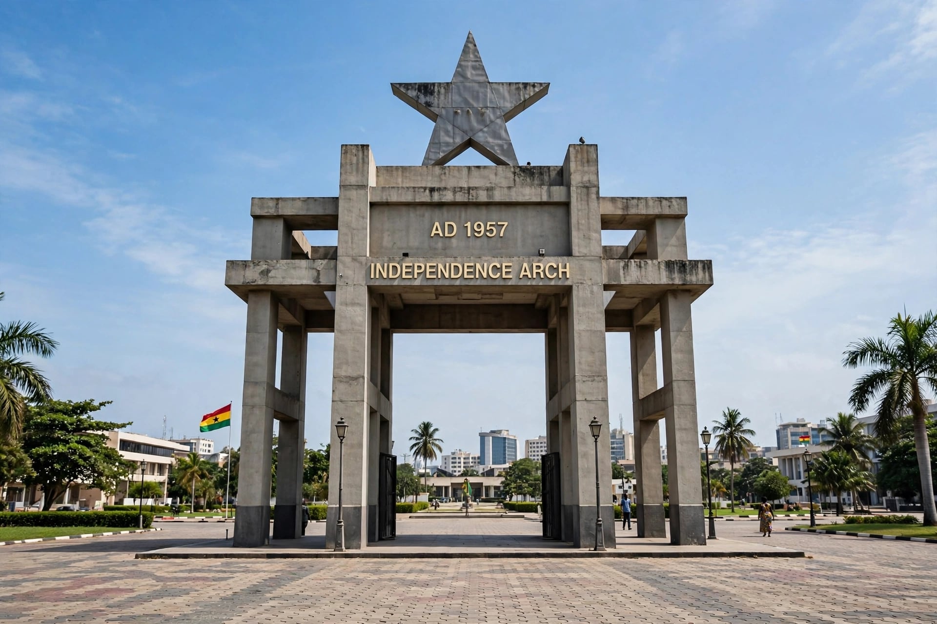 Independence Arch in Accra with a big black star on top, marked AD 1957.