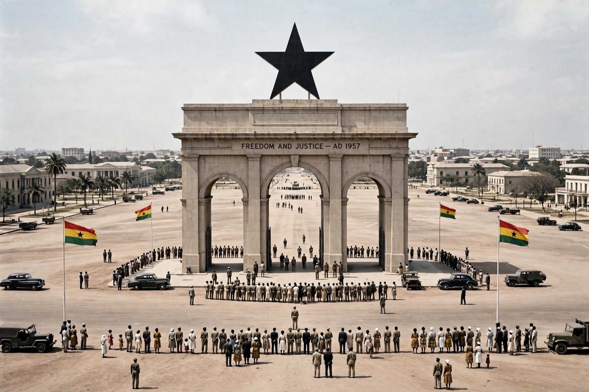 Black Star Gate, Accra, Ghana  - Text: FREEDOM AND JUSTICE - AD 1957 - Big black star on top - 3 archways - 4 Ghana flags - People and old cars in Black Star Square