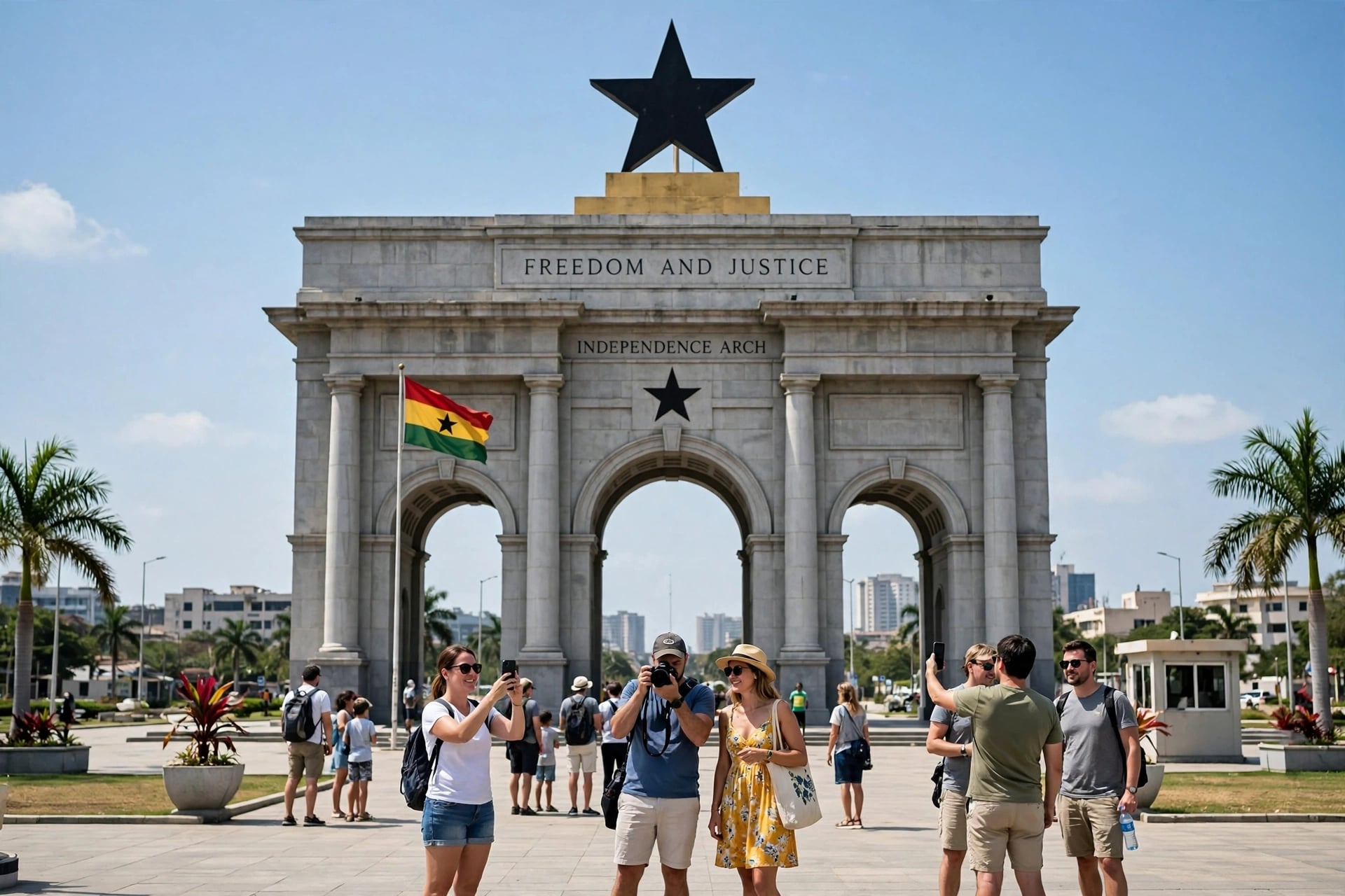 Black Star Gate, Accra, Ghana - tourist view  - Text: FREEDOM AND JUSTICE, INDEPENDENCE ARCH - Big black star on top - Ghana flag on left - Tourists taking photos in front - Sunny day, palm trees, city buildings behind