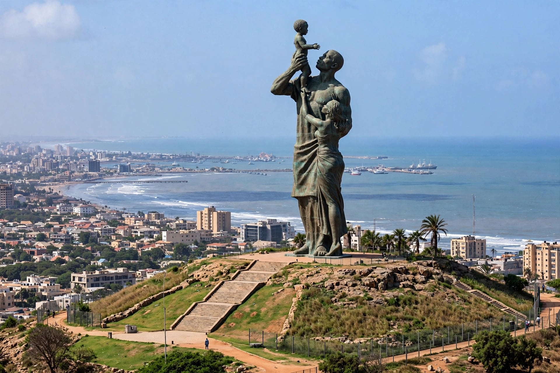 African Renaissance Monument in Dakar, Senegal: massive bronze statue on hilltop showing muscular man holding child high in air with woman beside him lifting child, long stone staircase leading up, rocky hill with grass and palm trees, panoramic view of Dakar city, coastline, beach, Atlantic Ocean w