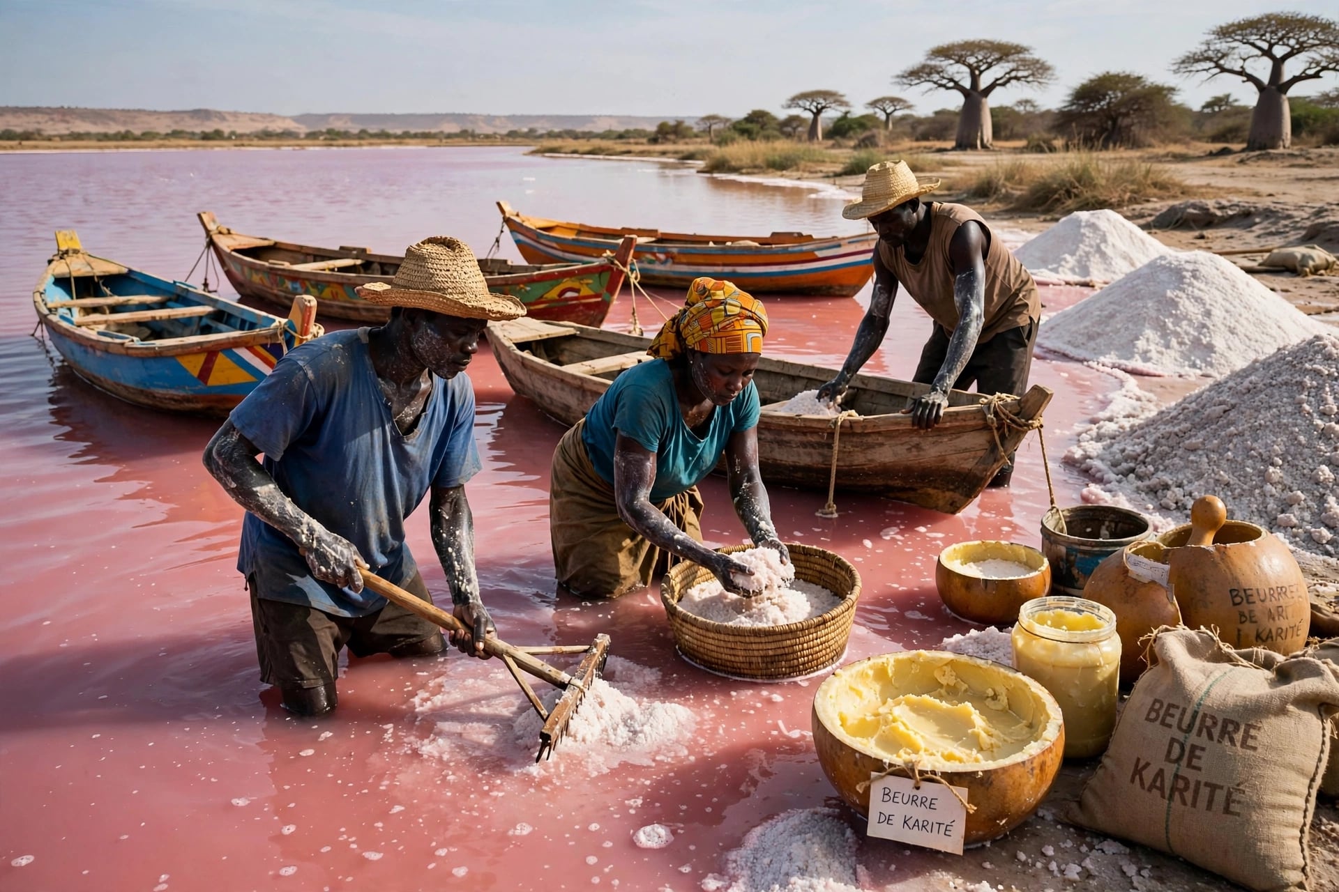3 people harvesting salt in pink lake Where: Lake Retba (Lac Rose), Senegal Water: Pink water  People: - Left man: Blue shirt, straw hat, raking salt - Middle woman: Blue shirt, yellow headwrap, putting salt in basket - Right man: Brown vest, straw hat, holding boat  Salt: White salt in water, in ba