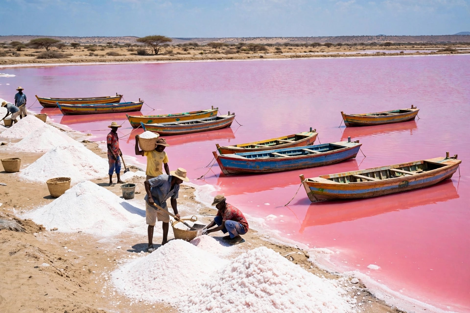 5 people harvesting salt on shore of pink lake Where: Lake Retba (Lac Rose), Senegal Water: Bright pink water  People: - 2 men bottom: Shoveling salt into woven basket - Middle man: Yellow shirt, carrying basket of salt on head - Man with shovel: Red shirt, standing near salt pile - 2 men far left: