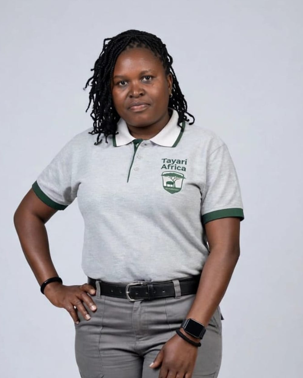Edinah Paskalia in a grey Tayari Africa polo shirt