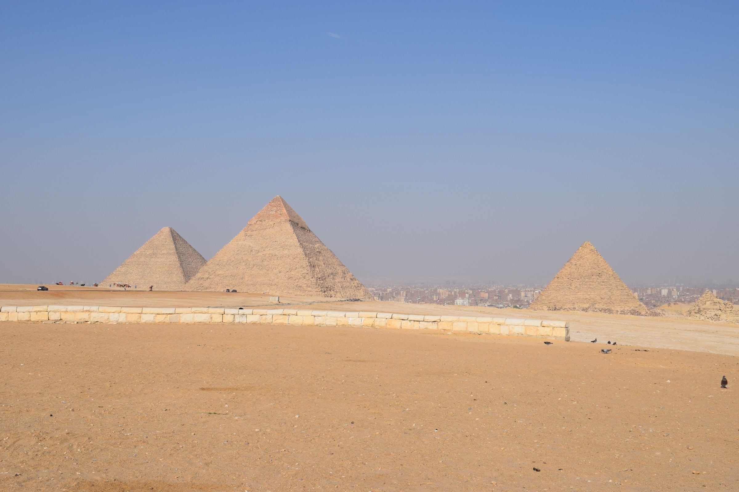 The Pyramids of Giza in the desert outside Cairo
