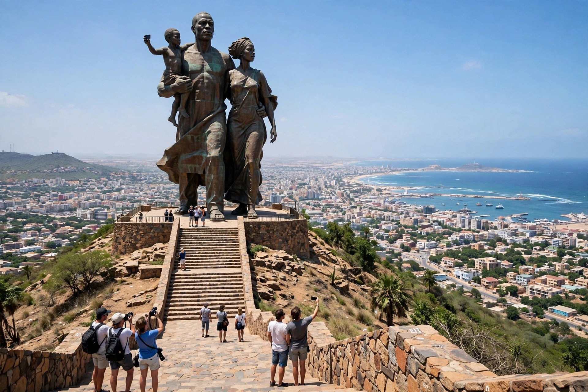 This image shows the African Renaissance Monument in Dakar, Senegal — single copy-paste detailed description: Massive bronze statue on top of rocky hill, depicting a muscular shirtless African man in flowing cloth carrying a small child on his left arm who is holding up a phone as if taking a selfi