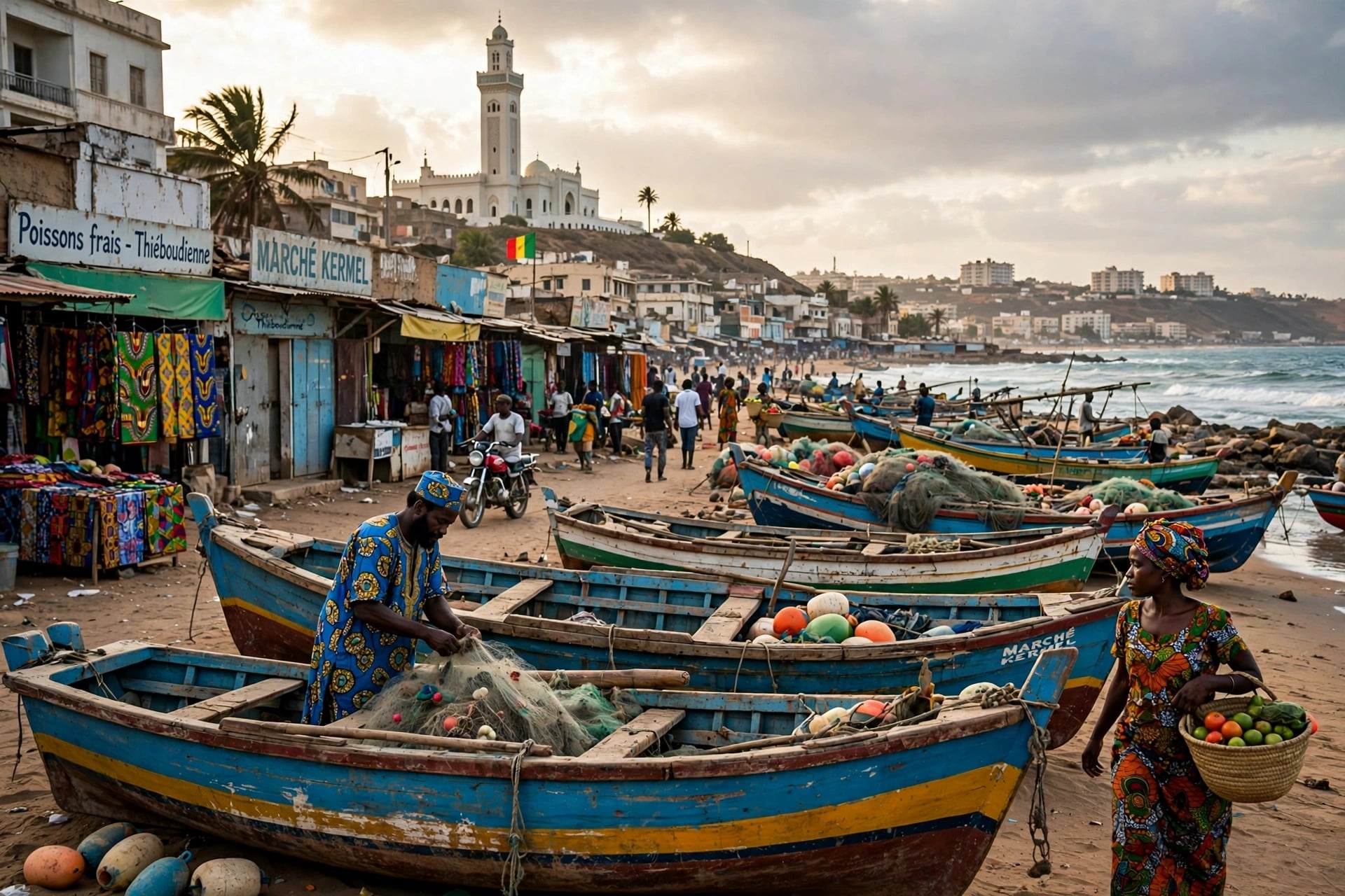 Vibrant fishing beach at Marché Kermel Dakar Senegal with colorful blue and yellow wooden pirogue boats on sand full of fishing nets and buoys, man in blue African print fixing net, woman in colorful dress carrying basket of fruits, small market stalls with African fabrics along beach with signs Poi
