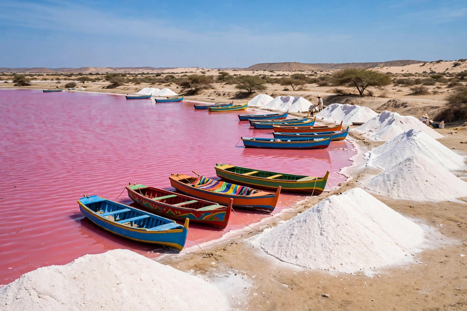 A single blue wooden boat floats alone on the bright pink water of Lake Retba in Senegal, also known as Lac Rose. The shoreline is lined with large white piles of harvested salt drying in the sun. The lake's striking pink color comes from Dunaliella salina algae. In the background there is dry savan